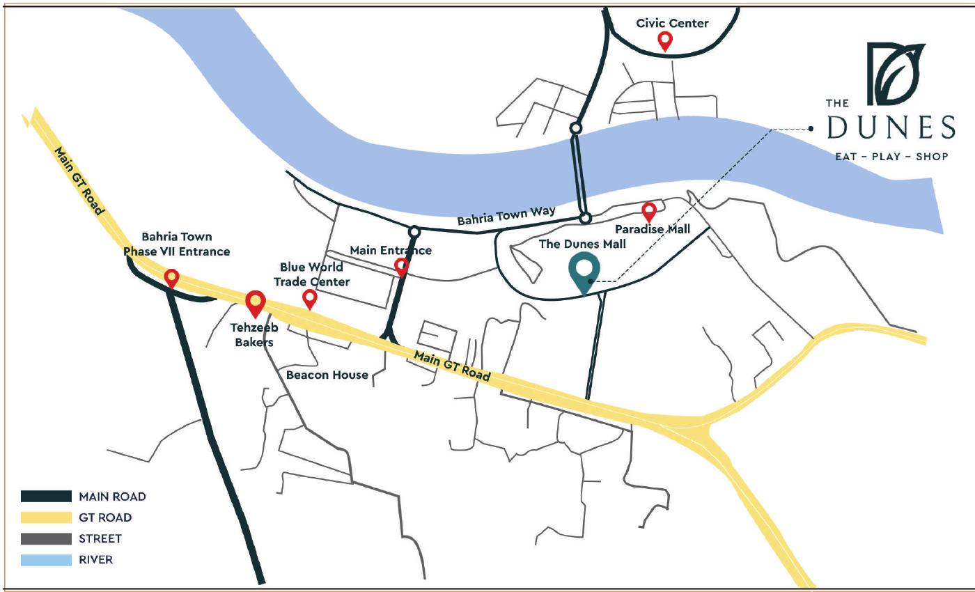 Location map showing The Dunes Mall around Bahria Town Way and Main GT Road